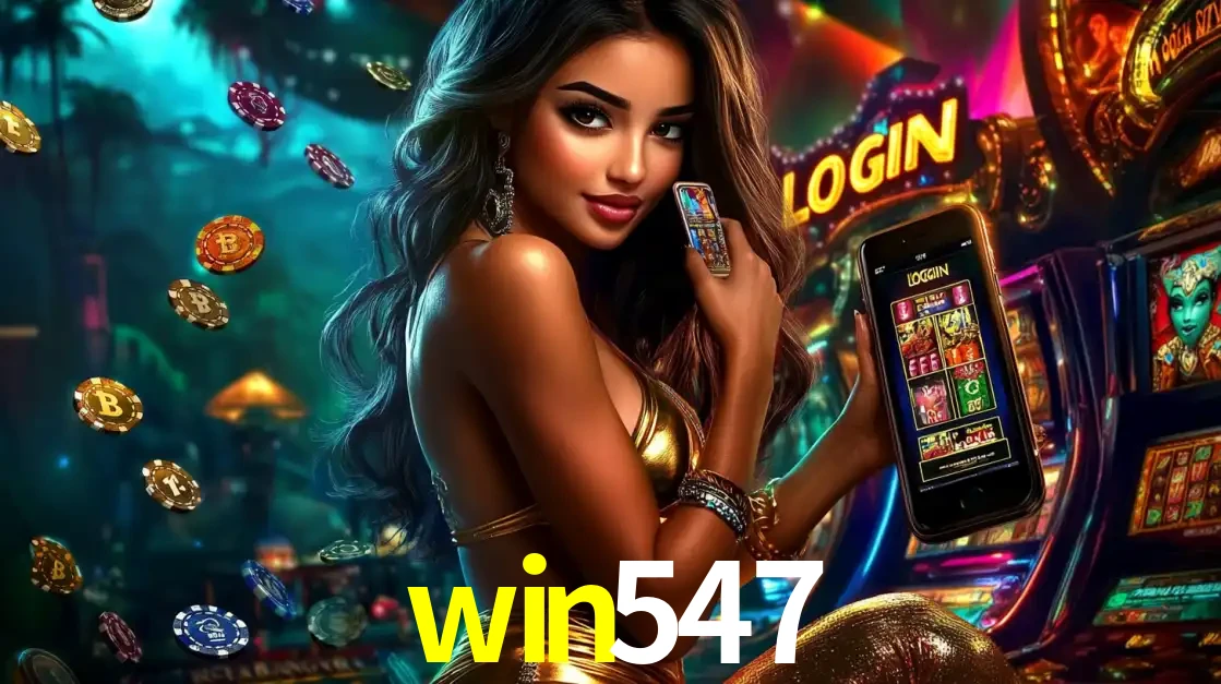 Mulher em um cenário de cassino temático de aventura, mostrando o app de caça-níqueis da win547 no celular. Fichas de apostas flutuam ao redor.