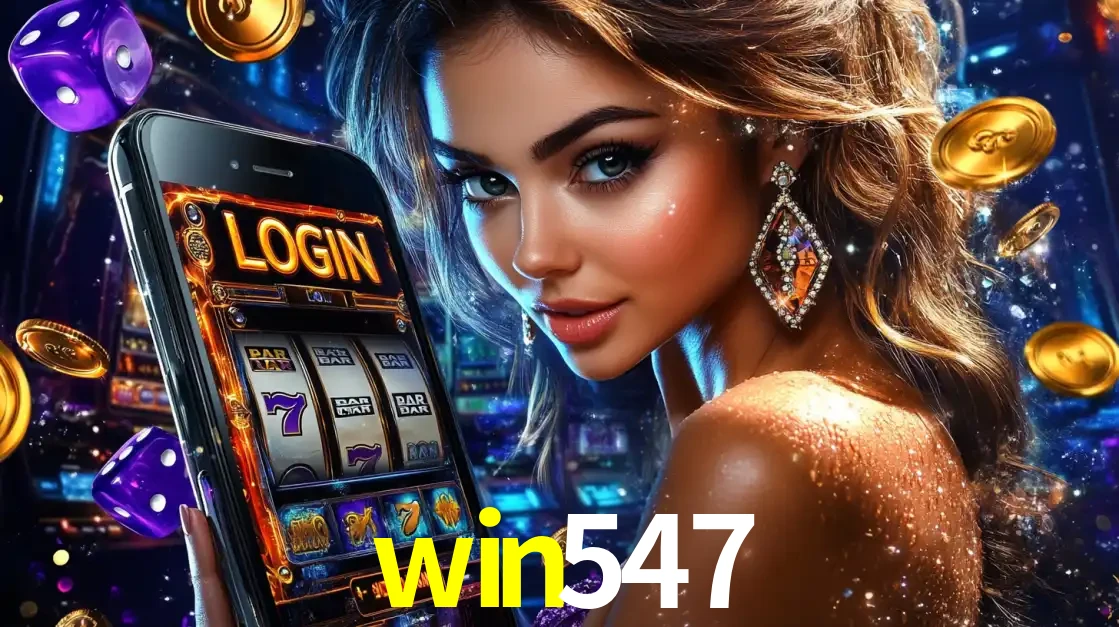 Mulher glamorosa segurando um smartphone com a tela de login para os jogos de caça-níqueis do cassino online win547, com moedas de ouro e dados ao redor.