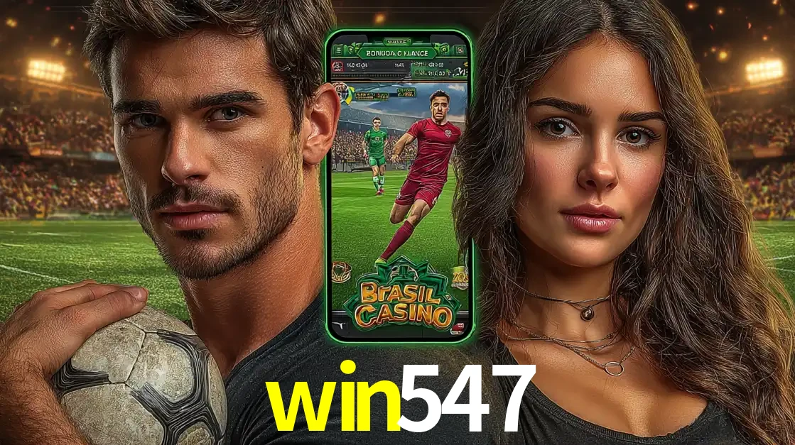 Homem segurando uma bola de futebol e uma mulher ao lado de um smartphone exibindo o jogo de apostas esportivas da win547. Faça seu palpite no cassino online.
